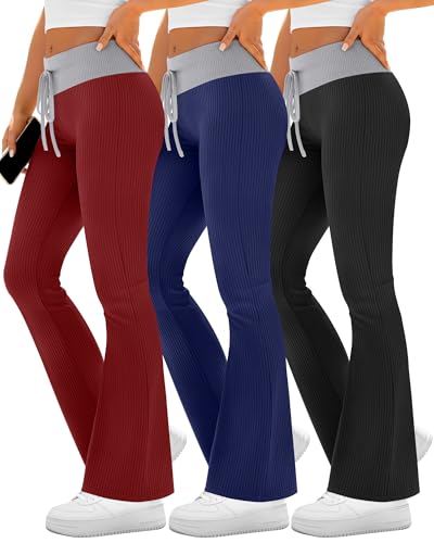 Velvelhall 3 Pack Women's Flare Leggings Ribbed Knit Color Block Yoga Pants Bootcut Sweatpants Stretchy Bell Bottoms