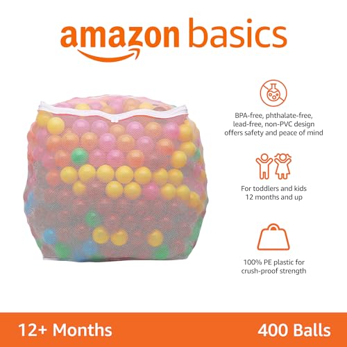 Amazon Basics BPA Free Crush-Proof Plastic Ball, Pit Balls with Storage Bag, Toddlers Kids 12+ Months, Pack of 400 Balls, ...