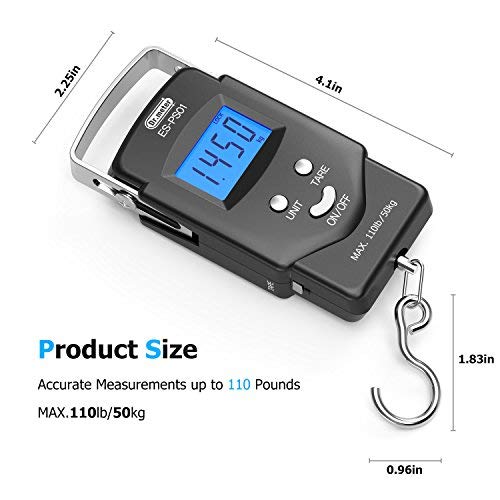 Dr.meter Fish Scale Luggage Scale Fishing Gear - 110lb Backlit LCD Display Digital Scale with Built-in Measuring Tape - Fi...