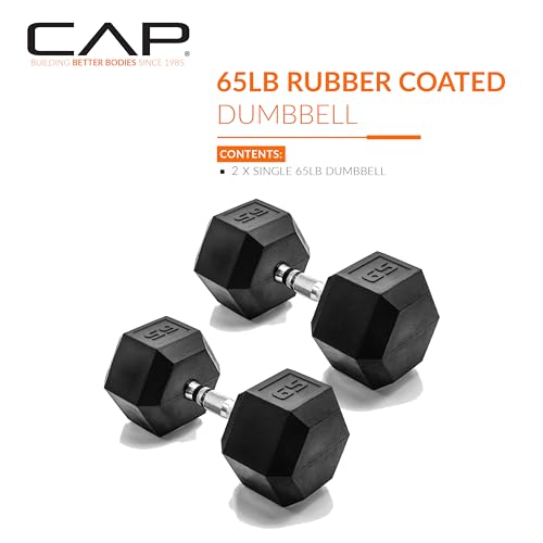 CAP Barbell 65 LB Rubber Coated Hex Dumbbell Hand Weight - Pair | Chrome Handle