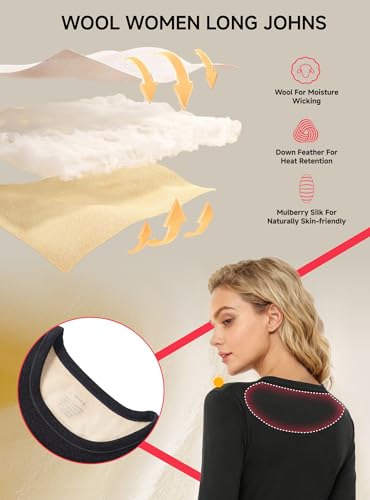TRENDOUX Thermal Underwear for Women: Wool Long Johns Set with Fleece, Warm Base Layer Stretchy Top and Bottom Cold Weather