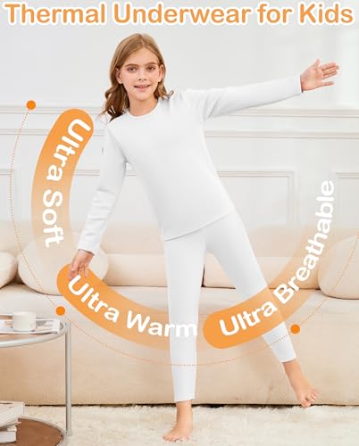 2 Set Girls Thermal Underwear Sets Kids Double-Sided Fleece Lined Long Johns Base Layer Top and Bottom for Cold Weather