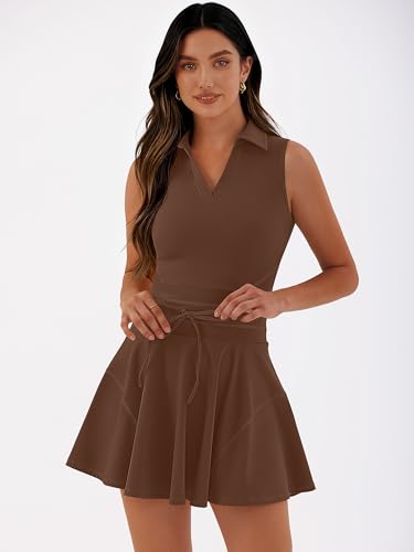 Caracilia Womens Golf Tennis Dress 2 Piece Sets Polo Neck Sleeveless Workout Athletic Summer Mini Dresses with Shorts Pockets