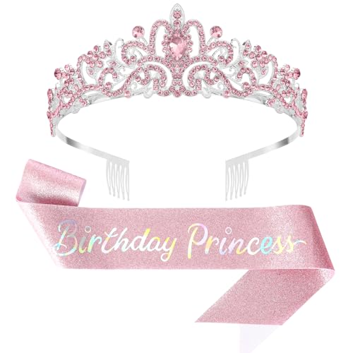 UlZDVUli Birthday Princess Crown, Birthday Princess Headband Tiara Sash Accessories Set for Women, Pink Crown Sash Decorat...