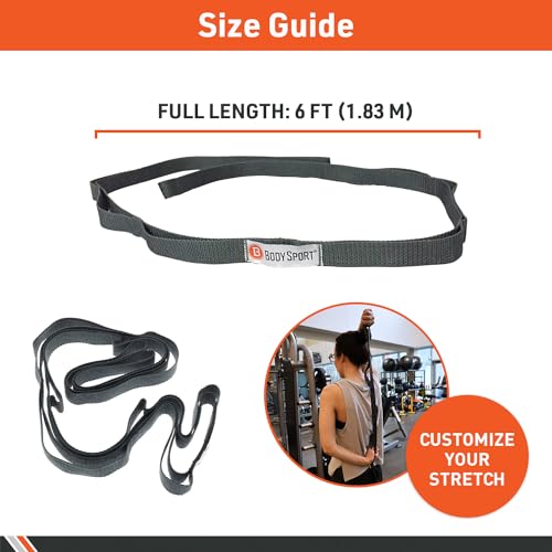 Body Sport Static Stretch Strap, 6 ft. Long - Durable Woven Tool for Home Fitness & Gym with Loops for Yoga, Stretching, P...