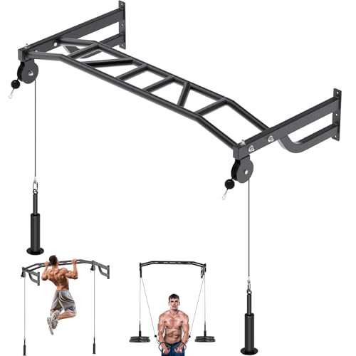 SELEWARE 48'' Heavy Duty Pull Up Bar Wall Mount Multi-function Chin up Bar with Home Gym Cable Pulley System LAT Pulldown ...