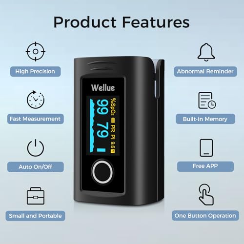 Wellue Bluetooth Pulse Oximeter Fingertip, Blood Oxygen Saturation Monitor with Free APP, Batteries, Carry Bag & Lanyard