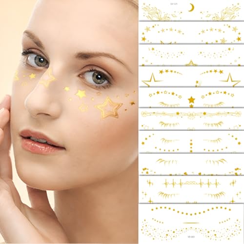 10Pcs Gold Glitter Star Freckles Tattoo Sticker,Faux Freckle Patches Waterproof Temporary Tattoos Heart Design,Gold Glitte...