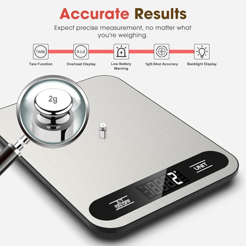 Mik-Nana Food Scale, 22lb Digital Kitchen Scale with 6 Units Tare Function & LCD Display, Stainless Steel Weight Grams and...