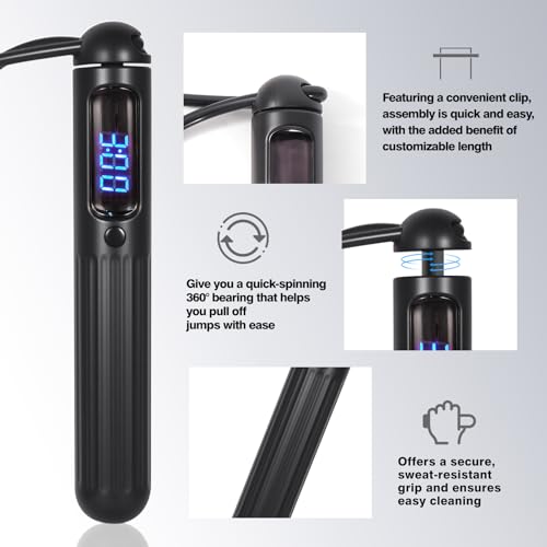 Smart Jump Rope Adjustable Jumping Rope with Weighted Ball Anti Slip Design Wireless Connection LED Display Dual Mode with...
