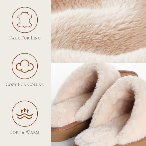 OOW Fuzzy Slippers for Women Cozy Faux Fur House Shoes Winter Warm Memory Foam Slippers for Indoor and Outdoor