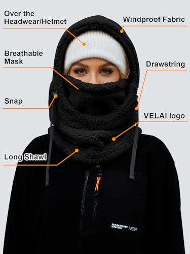 VELAI Balaclava Fleece Ski Mask for Men Women Winter Face Masks Windproof Hooded Scarf Cold Weather Hat Neck Warmer
