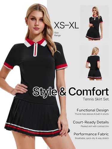IUK Women's 2-Piece Tennis Skirt Set, Polo V-Neck Top & High-Waisted Pleated Skirt, Athletic Outfit for Golf Pickleball