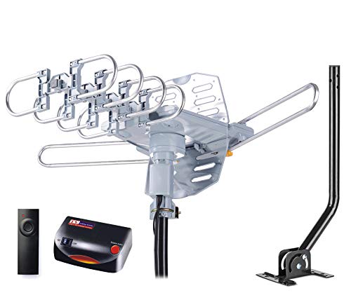 PBD Amplified Outdoor TV Antenna with 360° Motorized Rotation, UHF/VHF Long-Range Reception, Remote Control, Mounting Pole...