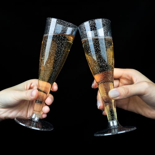 Bestluck 100 Pack Champagne Flutes Plastic, 4.5 oz Silver Glitter Plastic Disposable Stemware, Disposable Champagne Flutes...