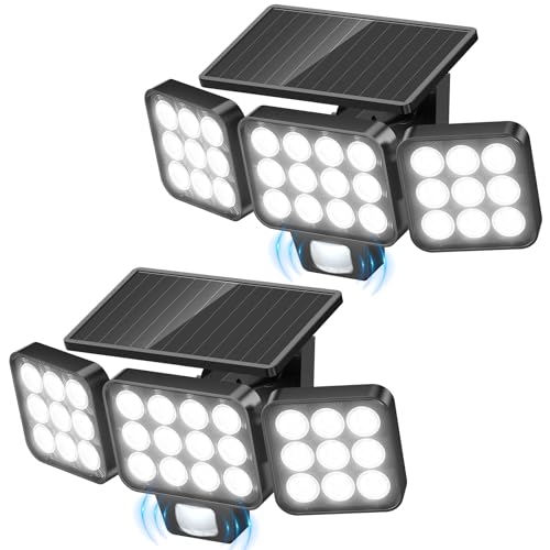 WdtPro Solar Lights Outdoor Flood Light, 3500LM Bright Motion Sensor Outdoor Lights, 3 Heads & Upgrade Glass Panel, LED So...