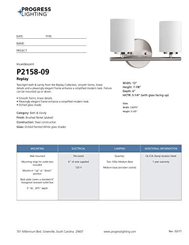 Progress Lighting 2-Light Modern Bath Vanity Light, Etched White Glass, Brushed Nickel, Model P2158-09