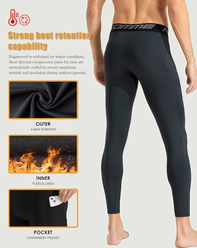 Roxdme Men Thermal Compression Pants Fleece Lined Tights Athletic Heated Leggings Cold Weather Baselayer Winter Gear Pockets