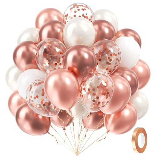 60pcs Rose Gold Balloons 12inch with Pearl White Rose Gold Confetti Balloons for Engagement Bridal Shower Wedding Birthday...