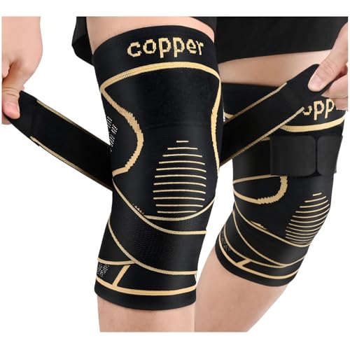 JHVW Copper Knee Brace for Women Men 2-Pack, Knee Compression Sleeve with Straps, Knee Braces for Knee Pain, Knee Support ...