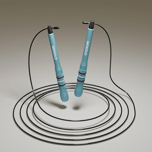 MOGOLD Speed Jump Rope, Turquoise Aluminum Alloy Handles with PVC Steel Wire, 17cm Handle, 118-Inch Adjustable Rope, 360-D...