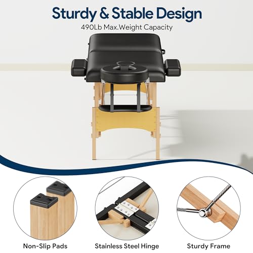 Brelley Massage Table Portable Wooden Lash Bed 24" Wide Adjustable Height 2-Fold Spa Table Foldable Tattoo Bed (Black)