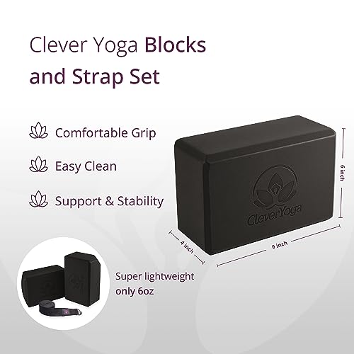 Clever Yoga Blocks & Strap - Lighweight Foam Yoga Blocks 2 Pack with 8ft Cotton Yoga Strap Set Kit for Beginners & Pros, A...