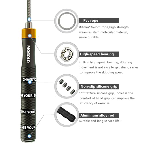 Mogold Pro Adjustable Speed Jump Rope - 10ft 4mm PVC Steel Wire with Dual Ball Bearings & 360° Spin - Metal/Rubber Ergonom...
