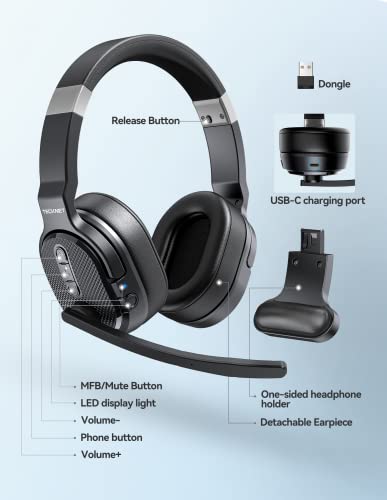 TECKNET Bluetooth Trucker Headset, Single and Dual Ear Wireless Headset with Mic for Work Noise Cancelling, 50Hrs 3 EQ Mus...