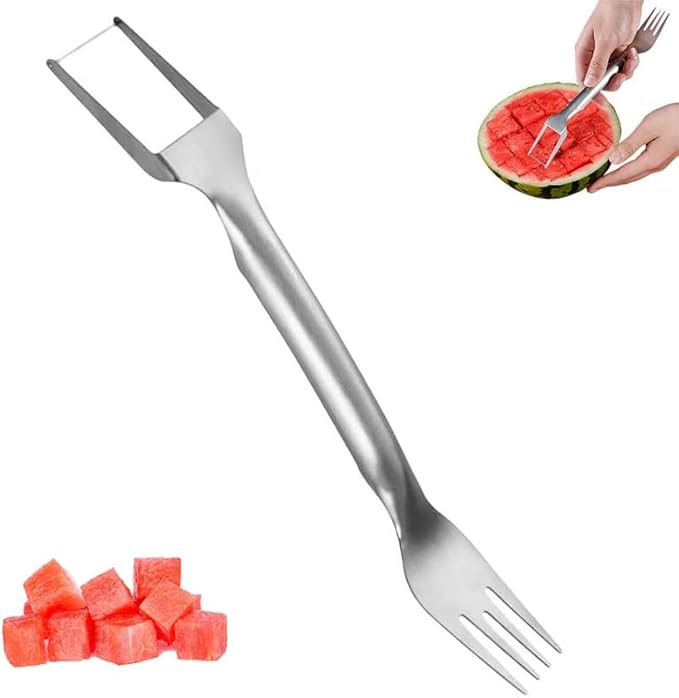 Kruggo Upgraded 2-in-1 Stainless Steel Fruit Cutter, Watermelon Fork Slicer, Dual Head Fruit Forks Slicer Knife for Home Kitchen Gadget