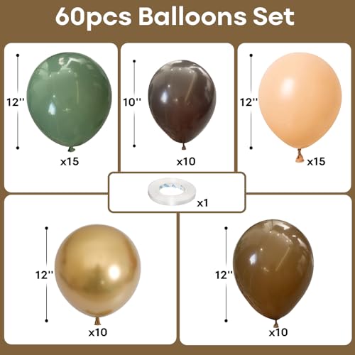 60 PCS Sage Green, Gold, Brown Latex Balloons - Woodland Camo Army Olive Green, Dark Brown, Coffee Nude Gold Party Balloon...