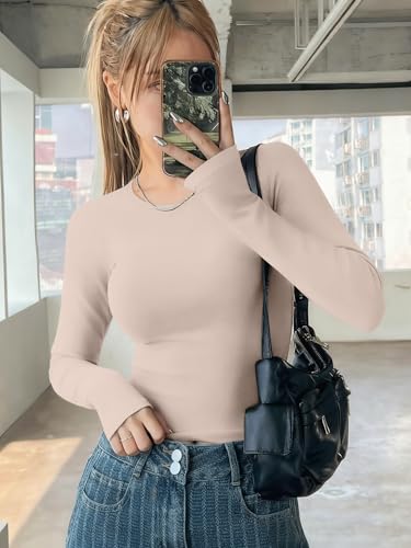 Ekouaer 3 Pack Women Long Sleeve Crew Neck Shirts Basic Thermal Tops Slim Fit Ruch Side Tees Going Out Layering Thirts XS-XXL