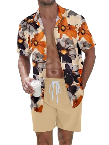 UOUA Men's Beach 2 Piece Outfits Hawaiian Flower Button Down Shirts and Shorts Sets