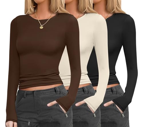 Ekouaer Womens 3 Pack Long Sleeve Shirts Fitted Tops Base Layering Tight Thermal Undershirts XS-XXL