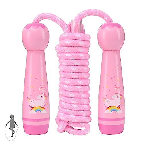 Jump Rope for Kids, Adjustable Toddler Jump Rope with Wooden Handle and Cotton Rope, Cute Skipping Rope for Boys and Girls...