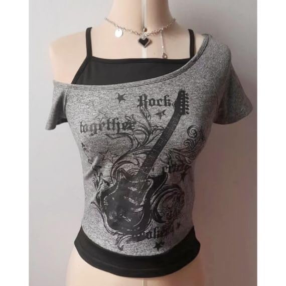 Emo Grunge Shirts Women 2000s Graphic Baby Tees Fake Two Piece Short Sleeve Vintage Y2k Crop Top Goth Alt Clothes (Grey Black,S,Small)