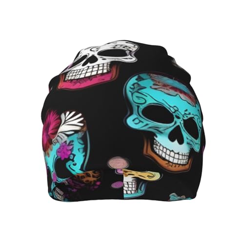 Sugar and Skulls Style Print Beanie Hat for Men and Women Stretchy Slouchy Winter Warm Cap Headwear Accessory Black