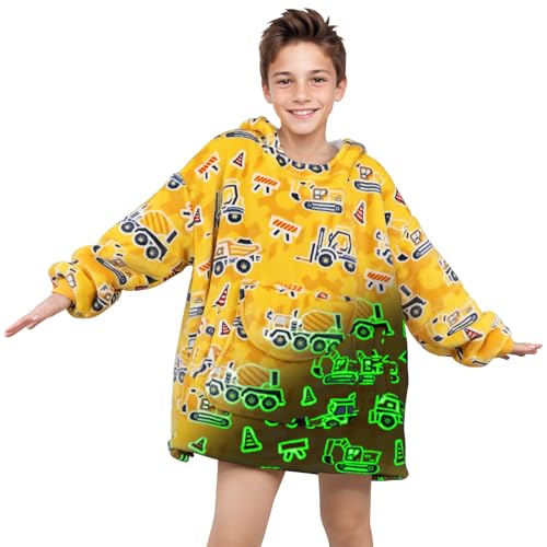 OHOIT Excavator Wearable Blanket Hoodie for Kids 6-10 YR - Glow in The Dark Truck Blanket with Oversized Pocket - Construc...