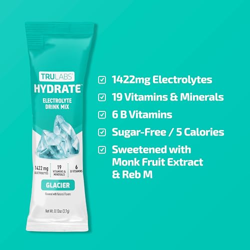 TRULABS Hydrate - Glacier. Sugar Free Electrolytes Hydration Packets. Each Serving Contains 1422 mg of Electrolytes &19 Vi...