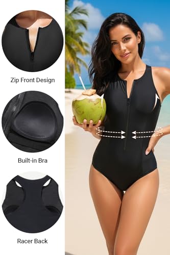 Tempt Me Women Athletic One Piece Swimsuit Zipper High Neck Bathing Suit Racerback Swimwear