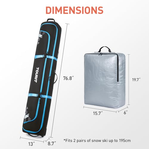 TOURIT Rolling Ski Bag and Ski Boot Bag Combo, Padded Snowboard Bag with Wheels for Air Travel, Holds 2 Pairs of Skis (195cm)