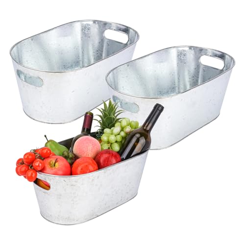 Biugaaufai 3 Pack 4 Gallon Beer Beverage Bucket, Metal Ice Bucket with Carry Handle, Large Galvanized Tub, Drink Holder fo...