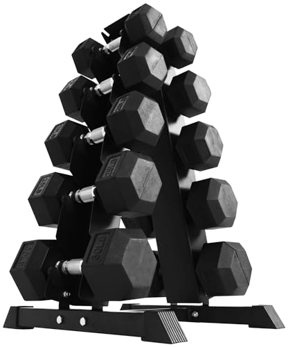 BalanceFrom Rubber Coated Hex Dumbbell Set with A-Frame Rack, Black – Solid Cast Iron Home Gym Weights with Chrome Handles...