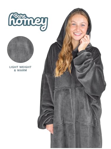 Bare Home Microplush Wearable Blanket with Split Front Pockets - Soft and Plush - Warm and Cozy - Adult & Kid Sizes (Adul...