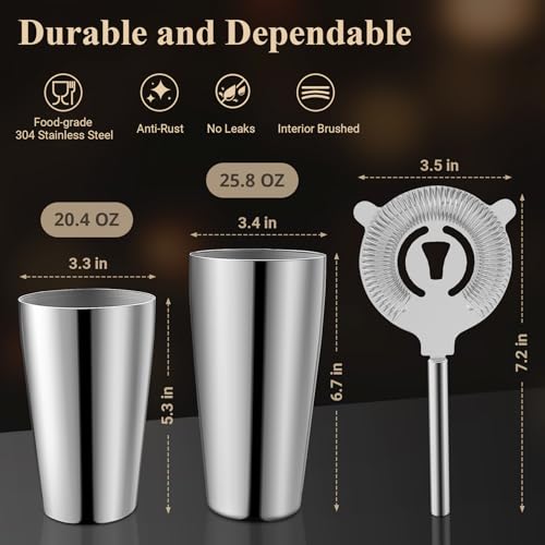 LyhoCink Stainless Steel Cocktail Shaker, 3-Piece Mixology Bartender kit, Bar Set with 18oz & 28oz Mixed Drink Shaker, Coc...
