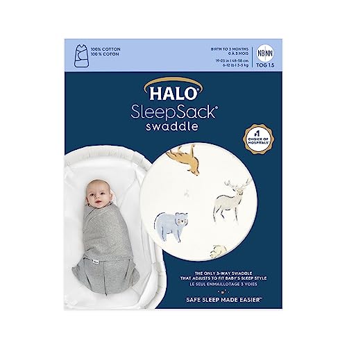 HALO 100% Cotton Sleepsack Swaddle, 3-Way Adjustable Wearable Blanket, TOG 1.5, Forest Friends, Newborn, 0-3 Months