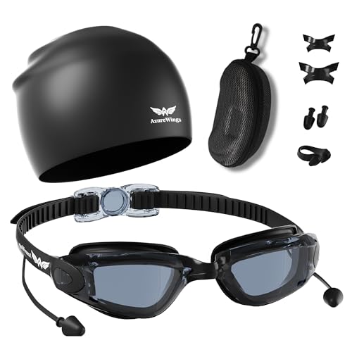 AzureWings 7 in 1 Swim Goggles + Swim Cap for Men Women,No Leak Anti-Fog & UV, Wide Visio HD Mirror PC Lens