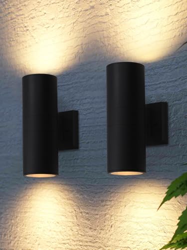 LEONLITE Modern Outdoor Cylinder Wall Lights 12", Porch Light in 2 Lights, Up Down Lights, Matte Black Waterproof Wall Sco...