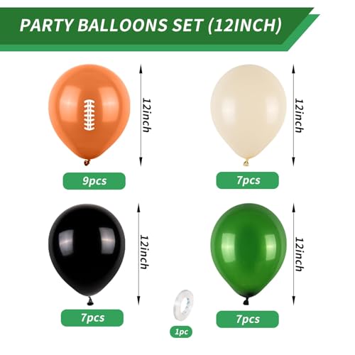 12 Inch Football Printed Party Balloons - Dark Green, Black, Beige - Boys Sports Birthday Party Decorations