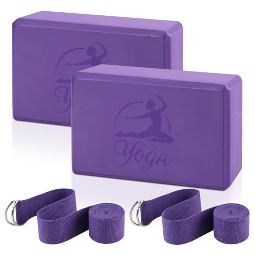 2 Yoga Block and 2 Yoga Strap Set,Non-slip EVA Foam Blocks, High Density Yoga Bricks with 6ft Strap, Supportive Latex-Free...